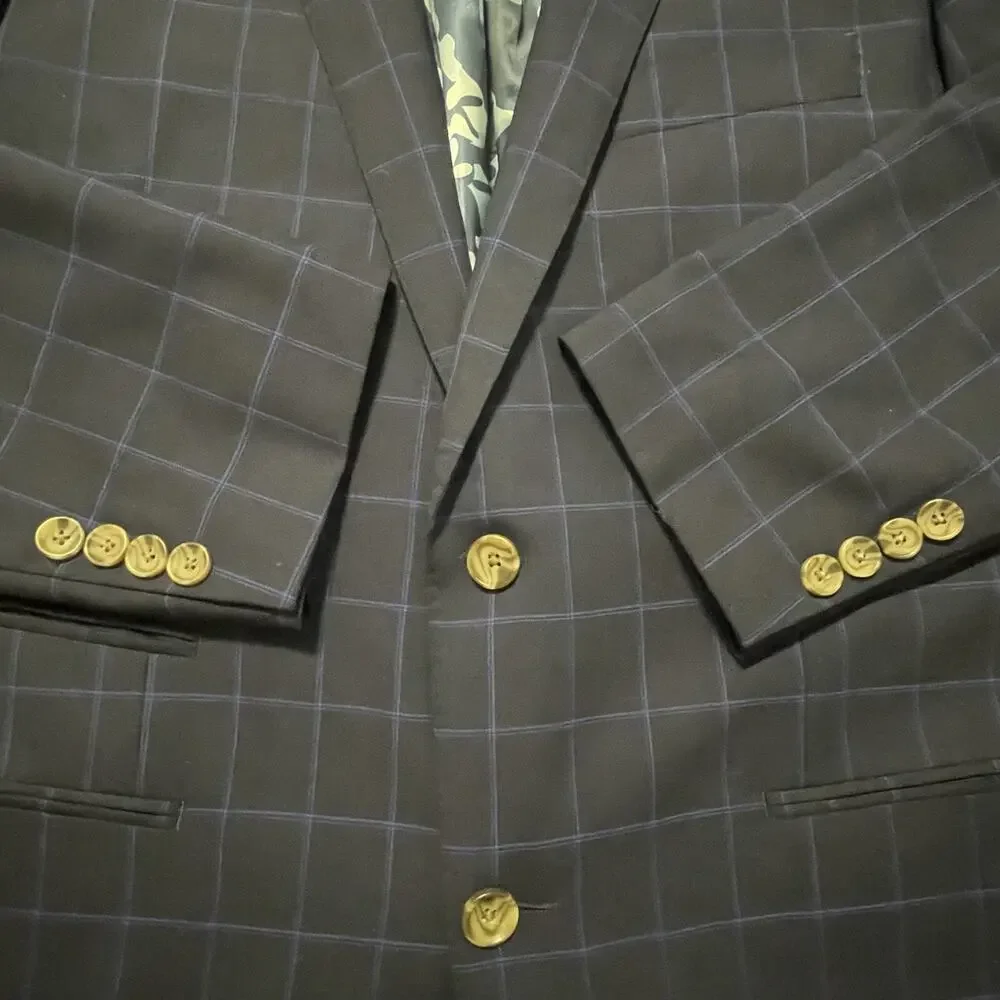 Indochino 2pc Suits Mens Size 44 R Navy Windowpane Camo Lined Jacket Pants 36x31